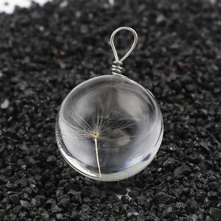 Picture of Transparent Glass Globe Bubble Bottle Charms Dandelion Dried Flower 29mm(1 1/8") x 19mm( 6/8"), 2 PCs
