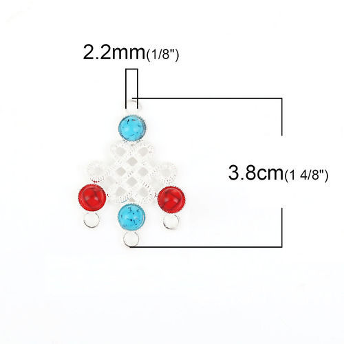 Imagen de Zamak Bohemia Conectores de Araña Nudo Chino Chapado en Oro Rojo & Azul Imitación de turquesa 38mm x 28mm, 10 Unidades