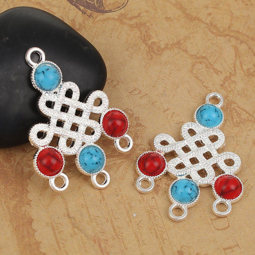 Imagen de Zamak Bohemia Conectores de Araña Nudo Chino Chapado en Oro Rojo & Azul Imitación de turquesa 38mm x 28mm, 10 Unidades