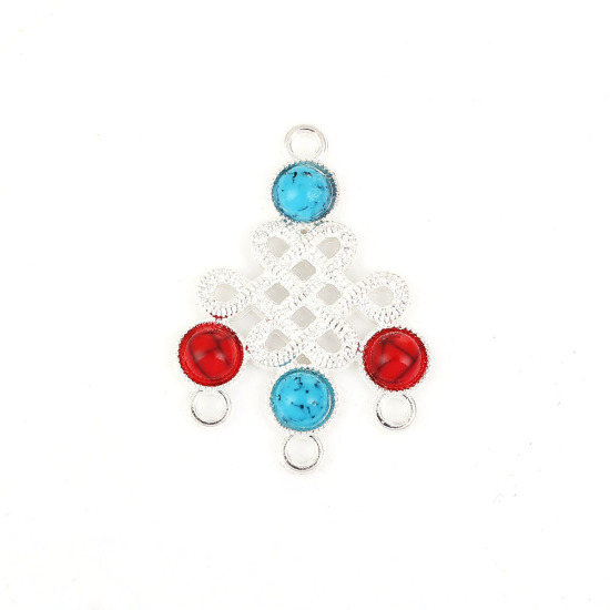 Imagen de Zamak Bohemia Conectores de Araña Nudo Chino Chapado en Oro Rojo & Azul Imitación de turquesa 38mm x 28mm, 10 Unidades