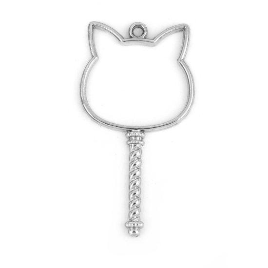 Image de Pendentif Cadre Arrière Ouvert pour Résine Polymètre en Alliage de Zinc Argent Mat Chat Clés 54mm x 29mm, 10 Pcs