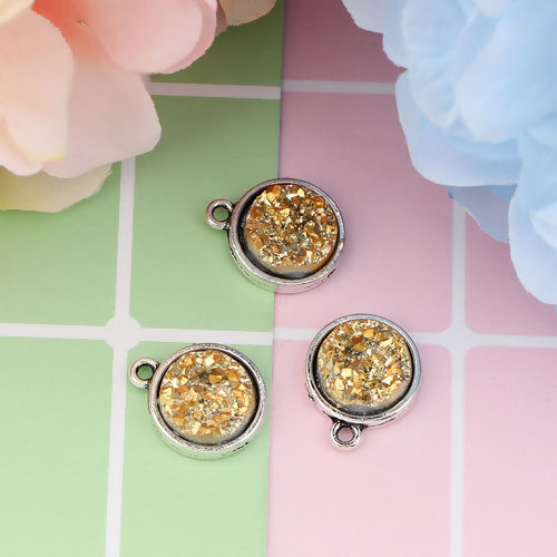 Picture of Zinc Based Alloy & Resin Druzy/ Drusy Charms Round Antique Silver Color Golden AB Color 18mm( 6/8") x 15mm( 5/8"), 20 PCs