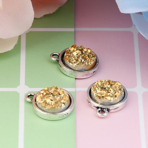 Picture of Zinc Based Alloy & Resin Druzy/ Drusy Charms Round Antique Silver Color Golden AB Color 18mm( 6/8") x 15mm( 5/8"), 20 PCs