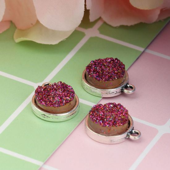 Picture of Zinc Based Alloy & Resin Druzy/ Drusy Charms Round Antique Silver Color Golden AB Color 18mm( 6/8") x 15mm( 5/8"), 20 PCs