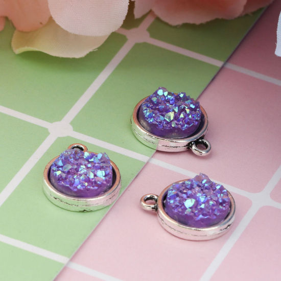 Picture of Zinc Based Alloy & Resin Druzy/ Drusy Charms Round Antique Silver Color Golden AB Color 18mm( 6/8") x 15mm( 5/8"), 20 PCs