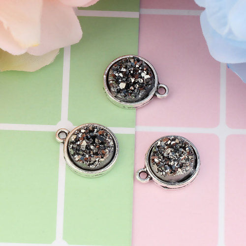 Picture of Zinc Based Alloy & Resin Druzy/ Drusy Charms Round Antique Silver Color Black 18mm( 6/8") x 15mm( 5/8"), 20 PCs