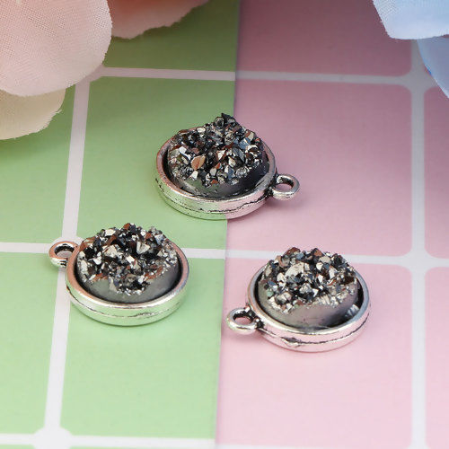 Picture of Zinc Based Alloy & Resin Druzy/ Drusy Charms Round Antique Silver Color Black 18mm( 6/8") x 15mm( 5/8"), 20 PCs