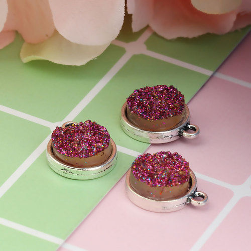 Picture of Zinc Based Alloy & Resin Druzy/ Drusy Charms Round Antique Silver Color Fuchsia Glitter 18mm( 6/8") x 15mm( 5/8"), 20 PCs