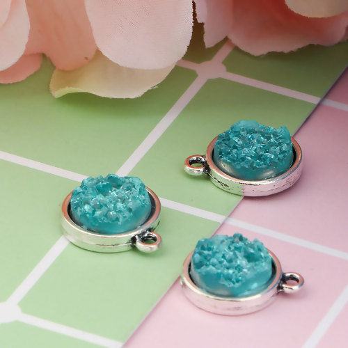 Picture of Zinc Based Alloy & Resin Druzy/ Drusy Charms Round Antique Silver Color Mint Green 18mm( 6/8") x 15mm( 5/8"), 20 PCs