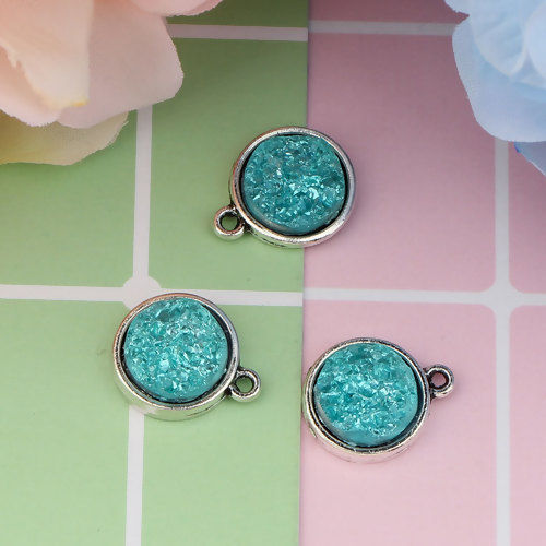 Picture of Zinc Based Alloy & Resin Druzy/ Drusy Charms Round Antique Silver Color Mint Green 18mm( 6/8") x 15mm( 5/8"), 20 PCs