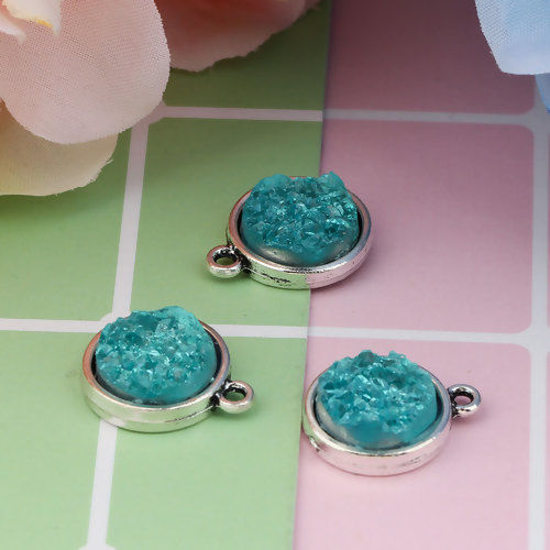 Picture of Zinc Based Alloy & Resin Druzy/ Drusy Charms Round Antique Silver Color Mint Green 18mm( 6/8") x 15mm( 5/8"), 20 PCs