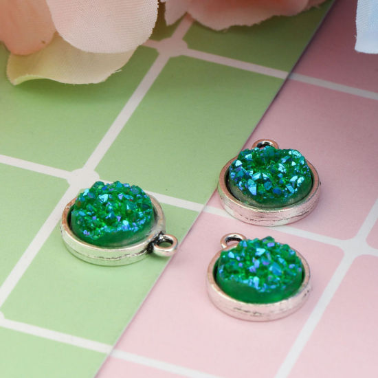 Picture of Zinc Based Alloy & Resin Druzy/ Drusy Charms Round Antique Silver Color Mint Green 18mm( 6/8") x 15mm( 5/8"), 20 PCs