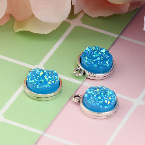 Picture of Zinc Based Alloy & Resin Druzy/ Drusy Charms Round Antique Silver Color Blue AB Color 18mm( 6/8") x 15mm( 5/8"), 20 PCs