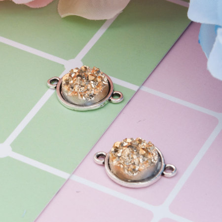 Picture of Zinc Based Alloy & Resin Druzy/ Drusy Connectors Round Antique Silver Color Golden 20mm x 14mm, 25 PCs