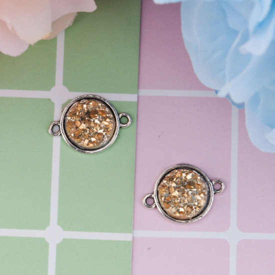 Picture of Zinc Based Alloy & Resin Druzy/ Drusy Connectors Round Antique Silver Color Golden 20mm x 14mm, 25 PCs