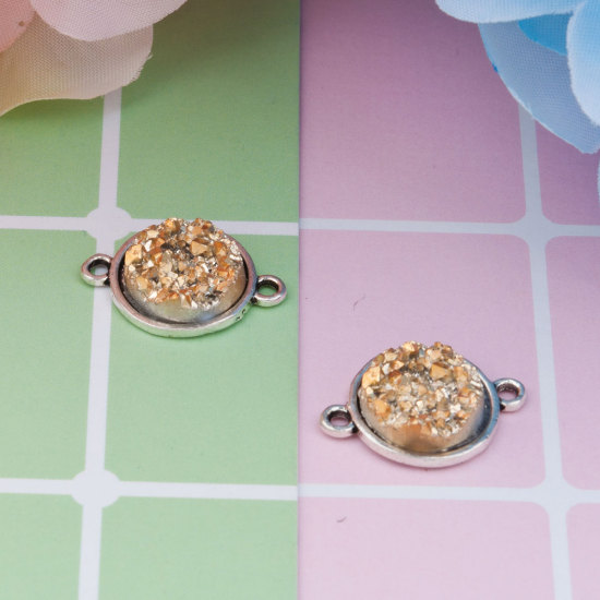 Picture of Zinc Based Alloy & Resin Druzy/ Drusy Connectors Round Antique Silver Color Golden 20mm x 14mm, 25 PCs