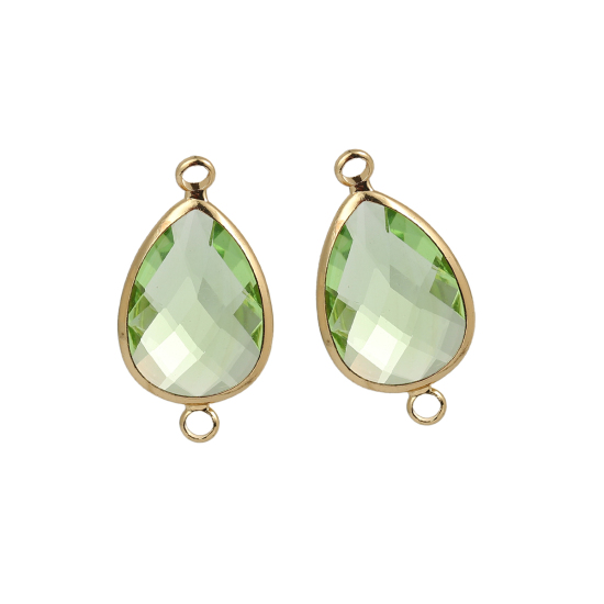 Image de Connecteurs Pierres de Naissance en Alliage de Zinc+Verre Goutte d'Eau Doré A Facettes à Strass Vert Clair 26mm x 14mm, 5 Pcs