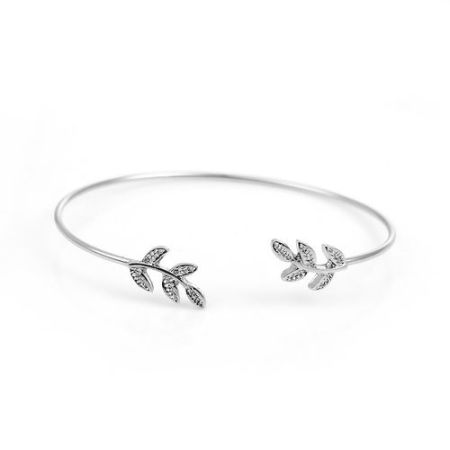 Picture of Brass Open Cuff Bangles Bracelets Silver Tone Leaf 17cm(6 6/8"), 1 Piece