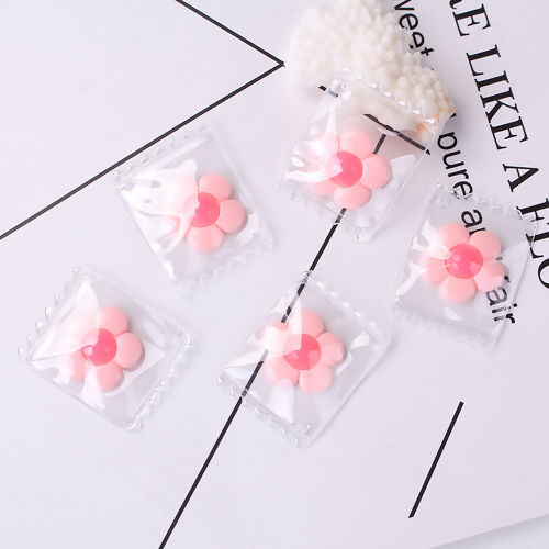 Picture of Acrylic Pendants Rectangle Pink Transparent Flower 38mm x 29mm, 5 PCs