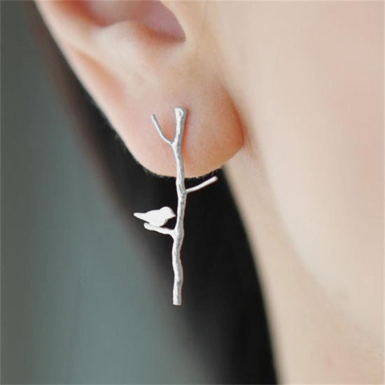 Picture of Ear Post Stud Earrings Silver Plated Branch Bird 30mm(1 1/8") x 12mm( 4/8"), Post/ Wire Size: (21 gauge), 1 Pair