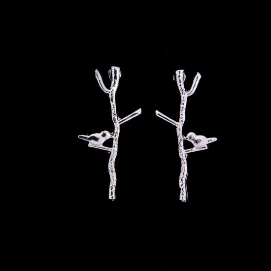 Picture of Ear Post Stud Earrings Silver Plated Branch Bird 30mm(1 1/8") x 12mm( 4/8"), Post/ Wire Size: (21 gauge), 1 Pair