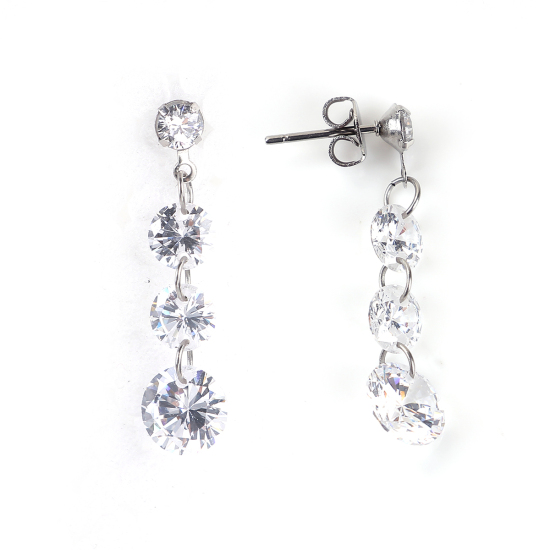 Immagine di 316 Acciaio Inossidabile & Zircone Cubico Orecchino Tono Argento Trasparente 31mm x 8mm, Posta / Filo Dimensione: (21 misura), 1 Paio”