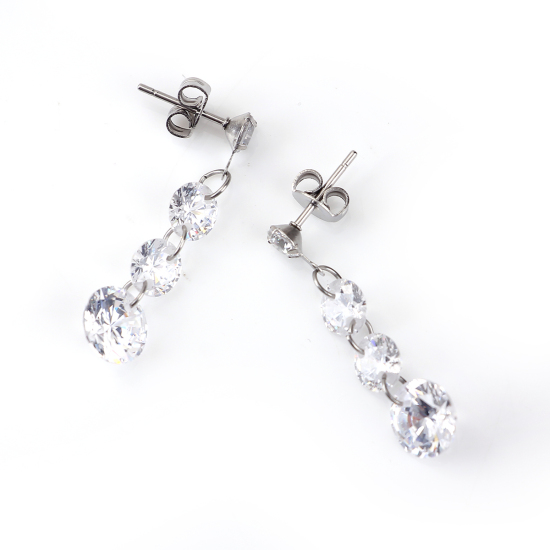Immagine di 316 Acciaio Inossidabile & Zircone Cubico Orecchino Tono Argento Trasparente 31mm x 8mm, Posta / Filo Dimensione: (21 misura), 1 Paio”