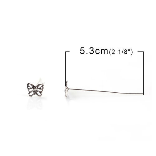 Picture of Zinc Based Alloy Ball Head Pins Antique Silver Color Butterfly Animal 5.3cm(2 1/8") long, 0.7mm (21 gauge), 20 PCs