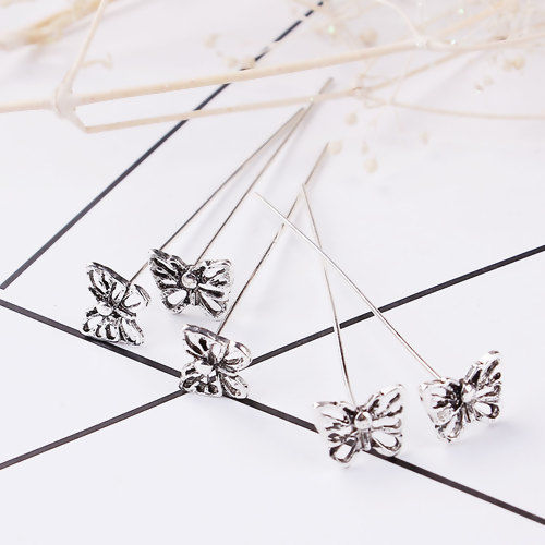 Picture of Zinc Based Alloy Ball Head Pins Antique Silver Color Butterfly Animal 5.3cm(2 1/8") long, 0.7mm (21 gauge), 20 PCs