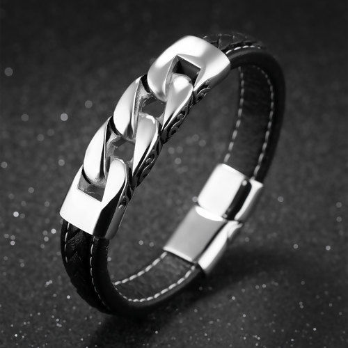 Image de 316L Bracelets en Peau de Vache Homme Noir Argent Mat 20cm, 1 Pièce” 