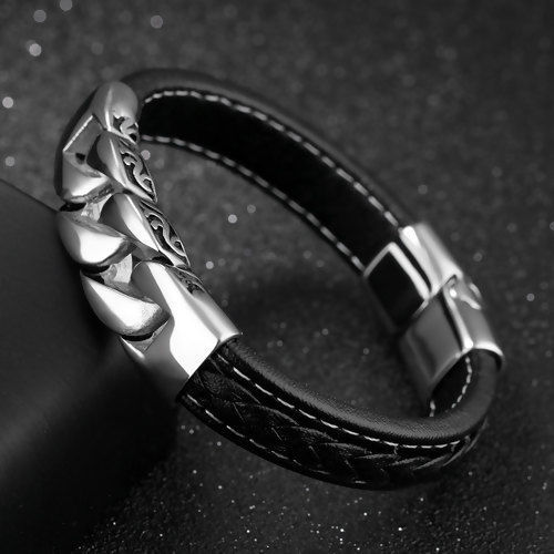 Picture of 316L Cowhide Leather Men Bangles Bracelets Silver Tone Black 20cm(7 7/8") long, 1 Piece” 