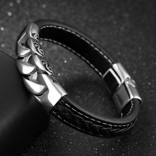 Image de 316L Bracelets en Peau de Vache Homme Noir Argent Mat 20cm, 1 Pièce” 