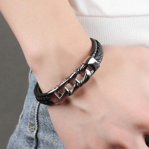 Picture of 316L Cowhide Leather Men Bangles Bracelets Silver Tone Black 20cm(7 7/8") long, 1 Piece” 