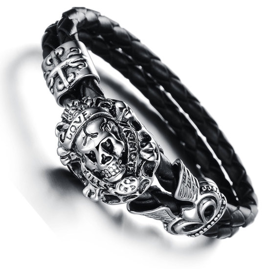 Image de 316L Bracelets en Peau de Vache Homme Tête de Mort Gravé Mot " LOVE " Noir Argent Vieilli 23cm, 1 Pièce” 
