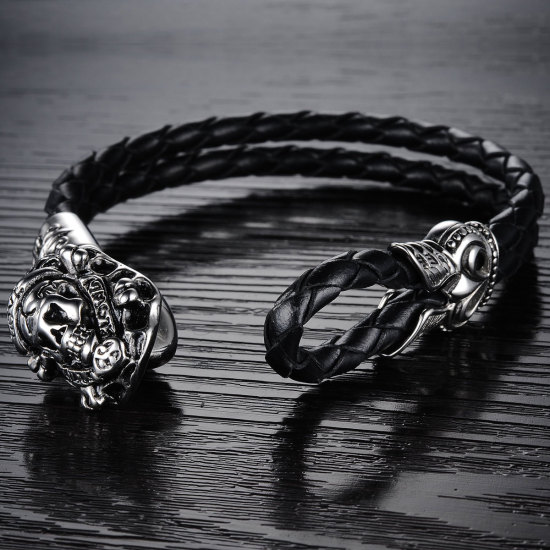 Image de 316L Bracelets en Peau de Vache Homme Tête de Mort Gravé Mot " LOVE " Noir Argent Vieilli 23cm, 1 Pièce” 