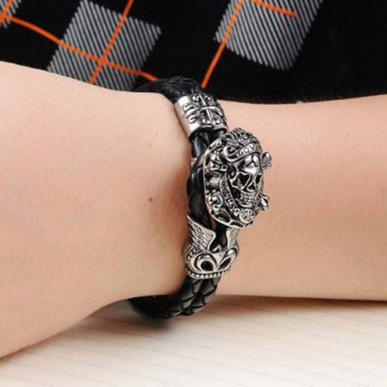 Image de 316L Bracelets en Peau de Vache Homme Tête de Mort Gravé Mot " LOVE " Noir Argent Vieilli 23cm, 1 Pièce” 