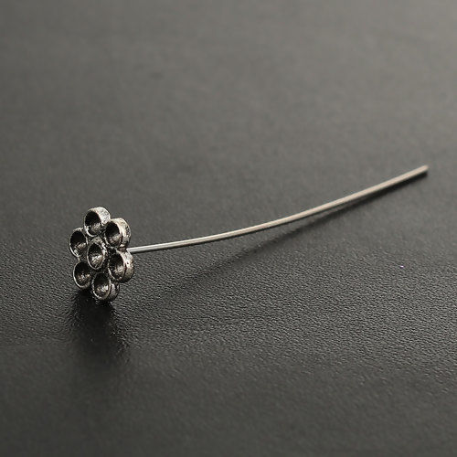 Picture of Zinc Based Alloy Ball Head Pins Antique Silver Color Flower (Can Hold ss10 Rhinestone) 5.3cm(2 1/8") long, 0.7mm (21 gauge), 30 PCs