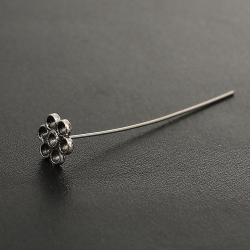 Bild von Zinklegierung Kettelstifte Antiksilber Blumen (Halten ss10 Strass) 0.7mm (21 gauge) , 5.3cm lang, 30 Stück