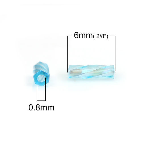 Bild von (Japan Import) Glas Perlen Twisted Bugle Blau AB Farbe Transparent ca. 6mm x 2mm, Loch:ca. 0.8mm, 10 Gramm (ca. 33 Stück/Gramm)