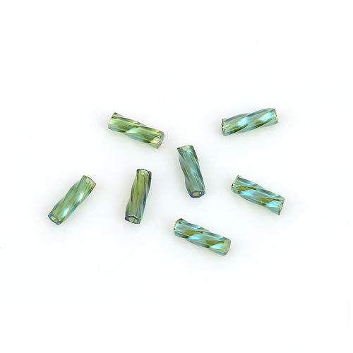 Picture of (Japan Import) Glass Beads Twisted Bugle Green AB Rainbow Color Metallic About 6mm x 2mm, Hole: Approx 0.8mm, 10 Grams (Approx 33 PCs/Gram)