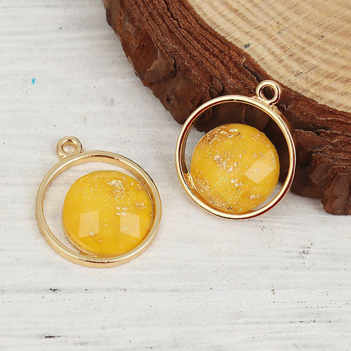Imagen de Aleación de metal de Zinc + Acrílico Papel de Oro Colgantes Charms Ronda Chapado en Oro Amarillo 20mm x 16mm, 10 Unidades