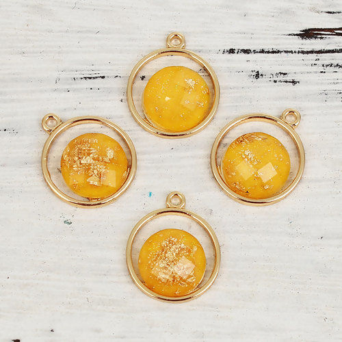 Imagen de Aleación de metal de Zinc + Acrílico Papel de Oro Colgantes Charms Ronda Chapado en Oro Amarillo 20mm x 16mm, 10 Unidades