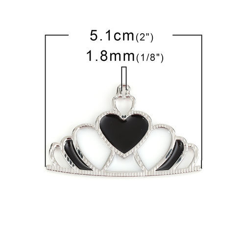 Picture of Zinc Based Alloy Pendants Crown Silver Tone Black & White Enamel 51mm(2") x 32mm(1 2/8"), 2 PCs