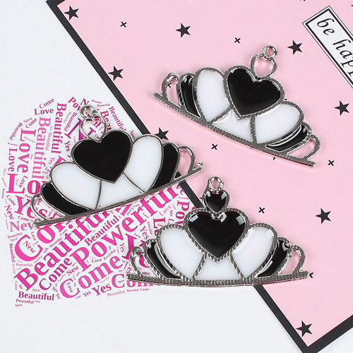 Picture of Zinc Based Alloy Pendants Crown Silver Tone Black & White Enamel 51mm(2") x 32mm(1 2/8"), 2 PCs
