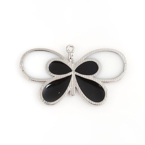 Bild von Zinklegierung Anhänger Schmetterling Silberfarbe Schwarz & Weiß Emaille 50mm x 29mm, 2 Stück