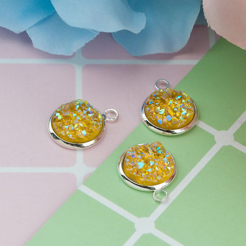 Picture of Brass & Resin Druzy/ Drusy Charms Round Silver Plated Yellow AB Color 18mm( 6/8") x 14mm( 4/8"), 10 PCs                                                                                                                                                       