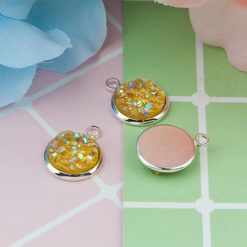 Picture of Brass & Resin Druzy/ Drusy Charms Round Silver Plated Yellow AB Color 18mm( 6/8") x 14mm( 4/8"), 10 PCs                                                                                                                                                       