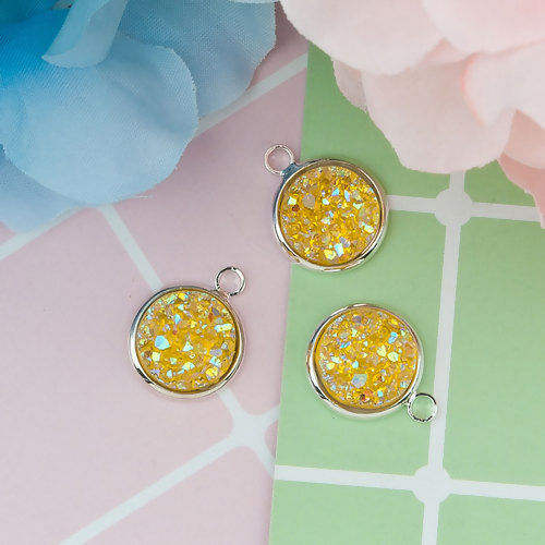 Picture of Brass & Resin Druzy/ Drusy Charms Round Silver Plated Yellow AB Color 18mm( 6/8") x 14mm( 4/8"), 10 PCs                                                                                                                                                       