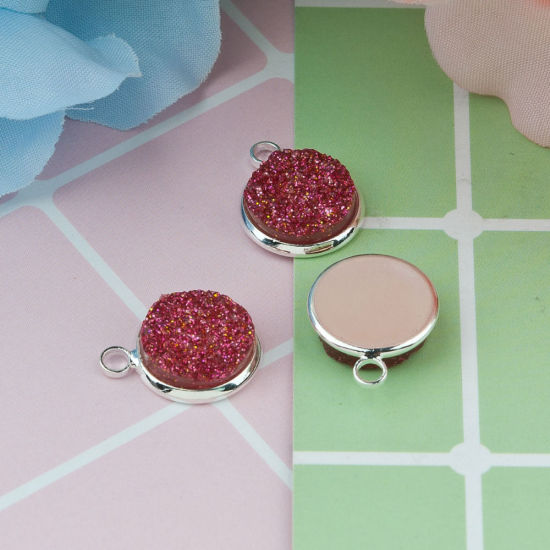 Picture of Brass & Resin Druzy/ Drusy Charms Round Silver Plated Yellow AB Color 18mm( 6/8") x 14mm( 4/8"), 10 PCs                                                                                                                                                       