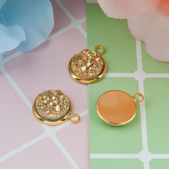 Picture of Brass & Resin Druzy/ Drusy Charms Round Disc Gold Plated Golden AB Color 18mm( 6/8") x 14mm( 4/8"), 10 PCs